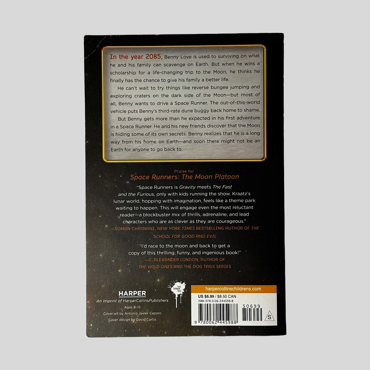 Back cover of Space Runners: The Moon Platoon by Jeramy Kraatz showing back text summary and critical praise.