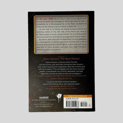 Back cover of Space Runners: The Moon Platoon by Jeramy Kraatz showing back text summary and critical praise.