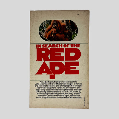 Back cover of In Search Of The Red Ape by John MacKinnon showing back summary and wildlife exploration details.