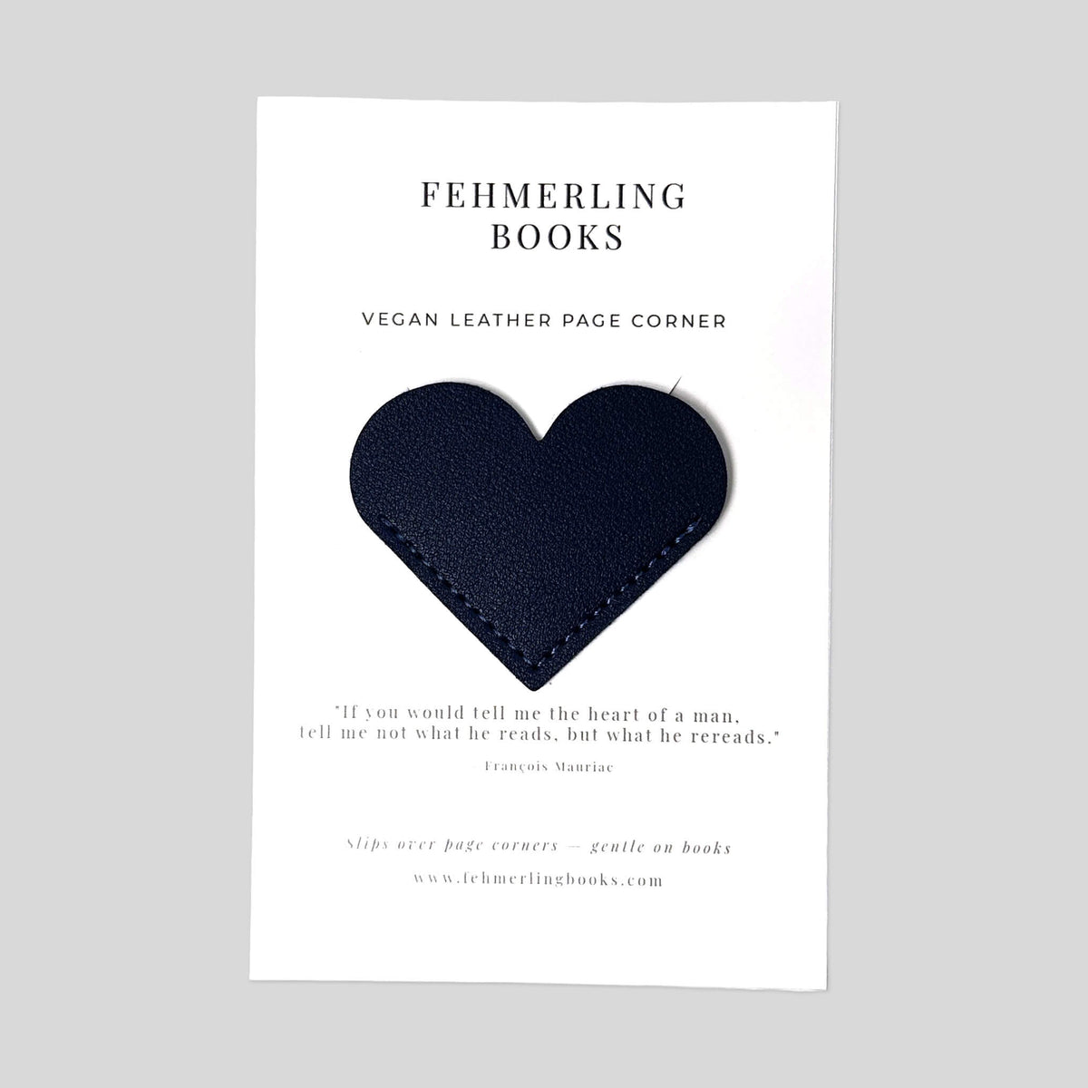 Midnight Navy dark blue vegan leather heart corner page marker on signature card backing by Fehmerling Books.