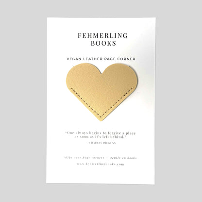 Pale Ivory off-white vegan leather heart corner page marker on signature card backing by Fehmerling Books.
