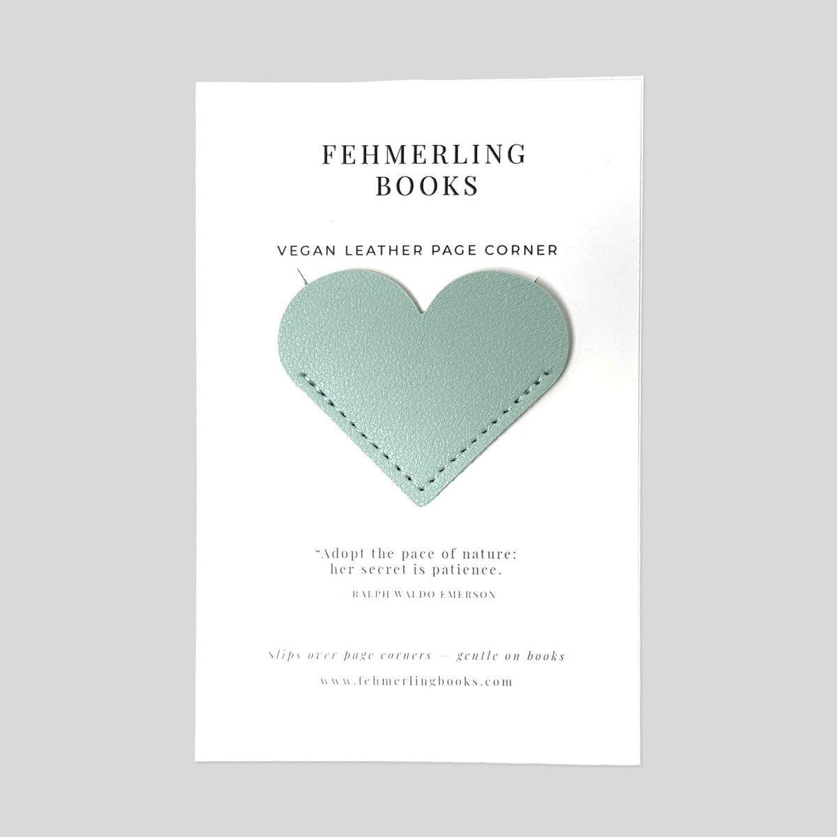 Seafoam Mist pale green vegan leather heart corner bookmark on signature card backing by Fehmerling Books.