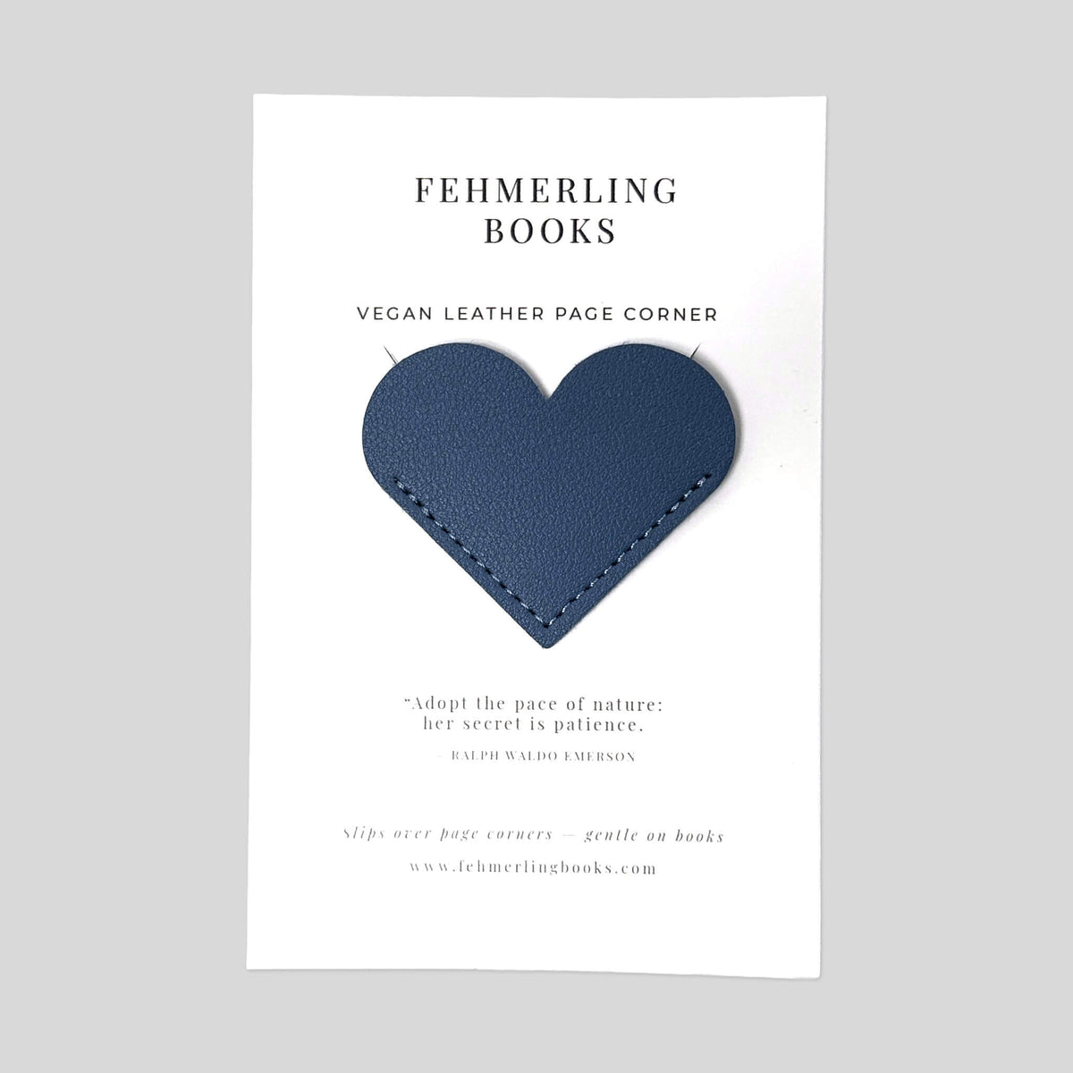 Slate Blue vegan leather heart corner page marker mounted on signature card backing by Fehmerling Books.