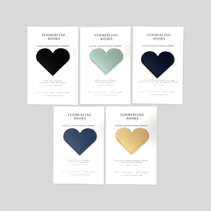 Vegan leather heart corner bookmark set in Coastal Slates and Mist palette arranged on neutral background by Fehmerling Books.