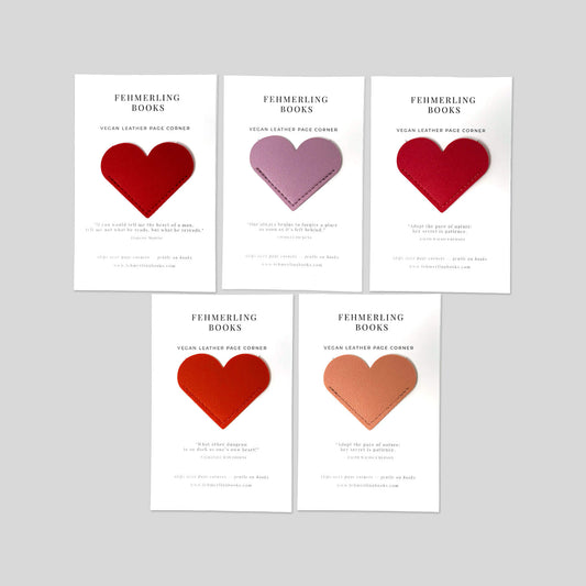 Vegan leather heart corner bookmark set in Vintage Romance and Rose palette arranged on neutral background by Fehmerling Books.