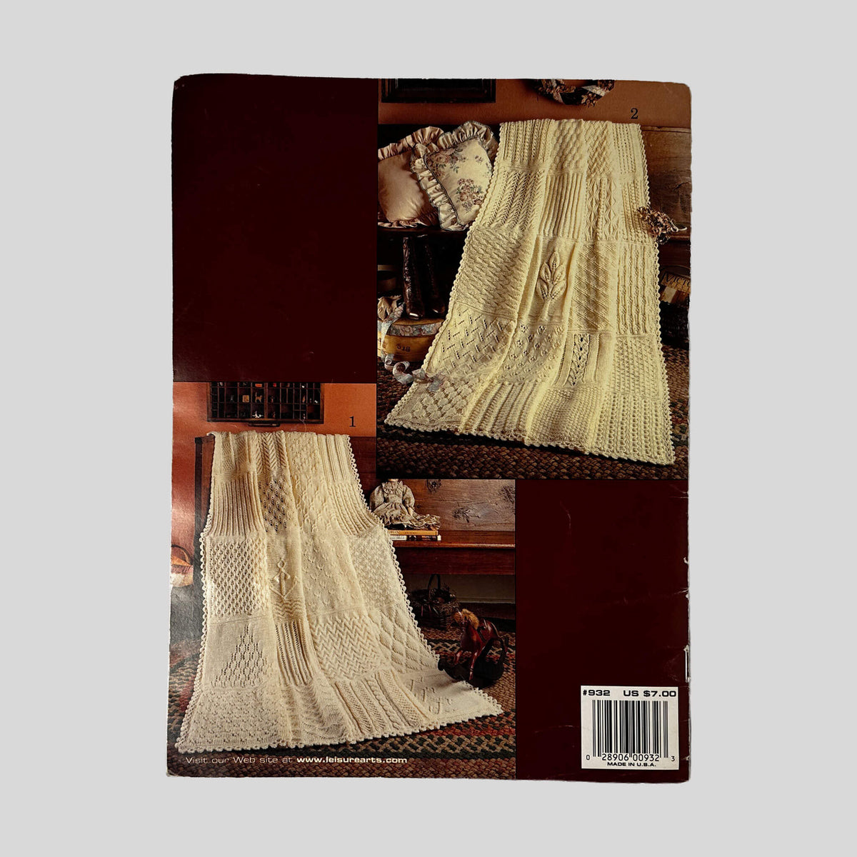 Back cover of 60 Easy-To-Knit Pattern Stitches Combine To Create Sampler Afghans showing pattern previews and project details.