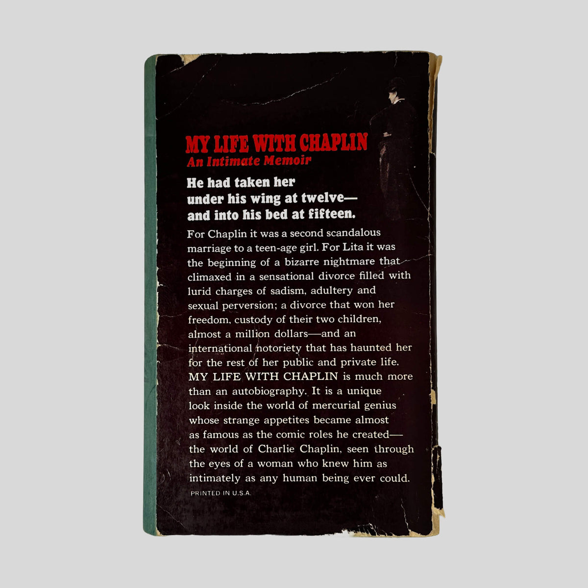Back cover of My Life With Chaplin by Lita Grey Chaplin showing back text summary and Hollywood memoir details.