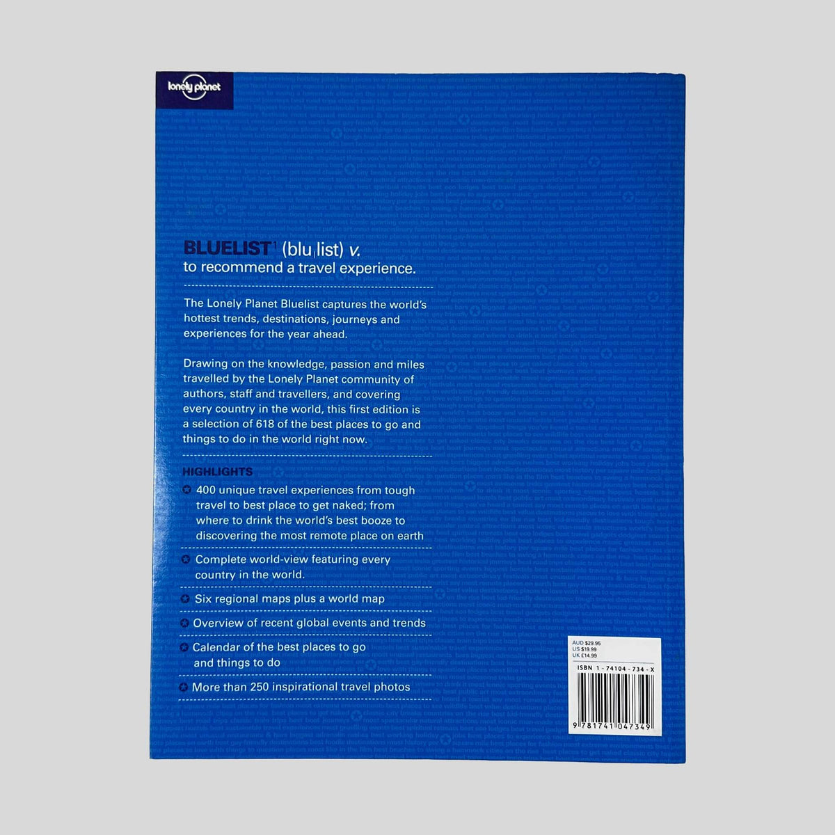 Back cover of The Lonely Planet Bluelist 2006 by Lonely Planet showing contents list and destination details.