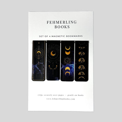 Lunar Phases set of 4 magnetic bookmarks mounted on white backing card by Fehmerling Books.