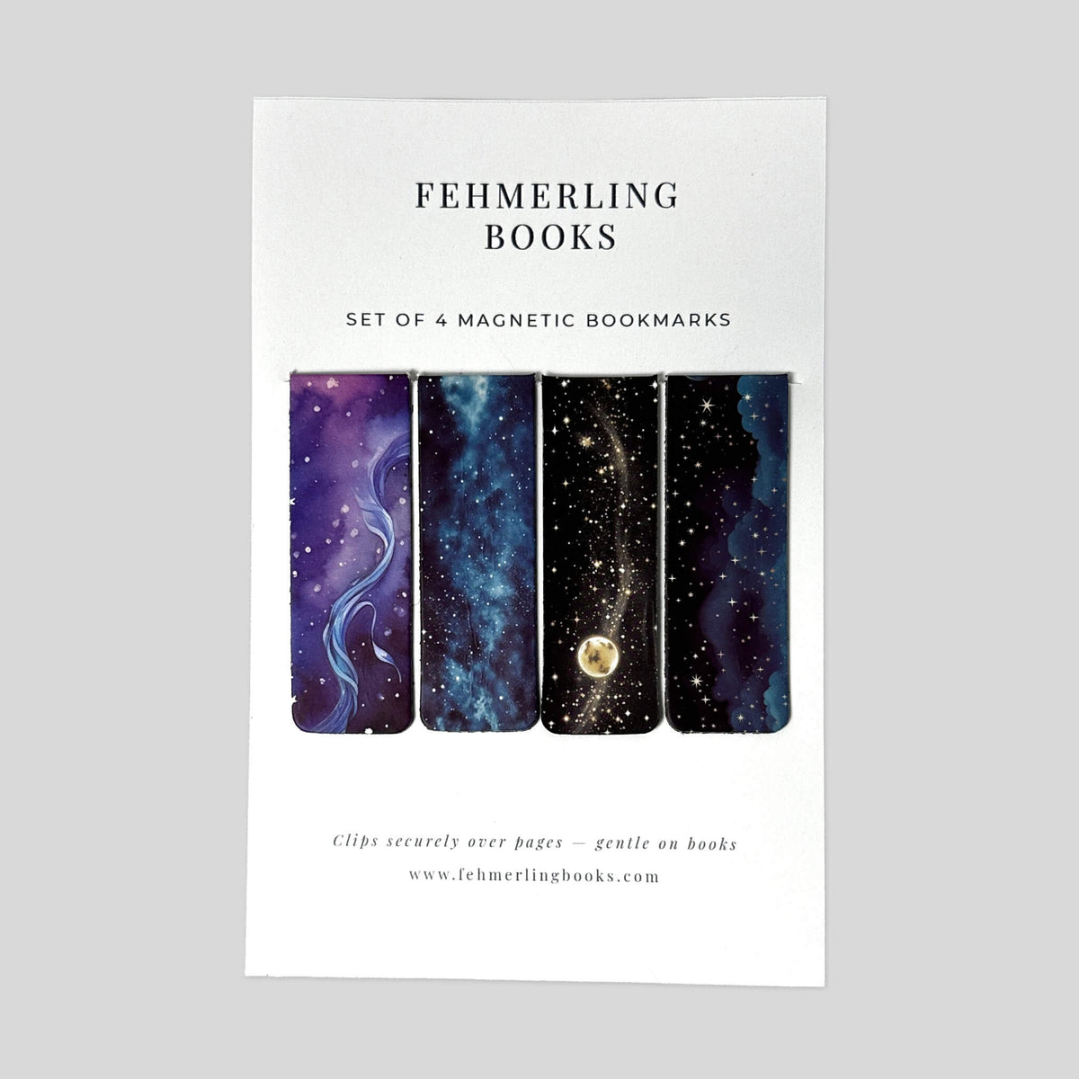 Midnight Nebula watercolor galaxy magnetic bookmarks set of 4 by Fehmerling Books.