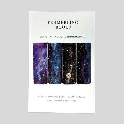 Midnight Nebula watercolor galaxy magnetic bookmarks set of 4 by Fehmerling Books.