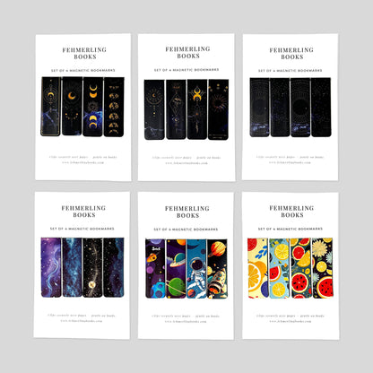 Curated Celestial and Novelty set of 4 magnetic bookmarks arranged on neutral background by Fehmerling Books.