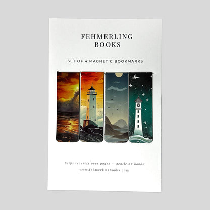 Coastal Beacon solitary lighthouse and ocean shore magnetic clips set of 4 by Fehmerling Books.