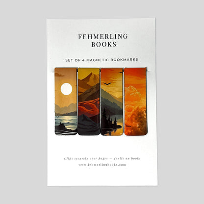 Golden Hour warm sunset and mountain scenery magnetic bookmarks set of 4 by Fehmerling Books.