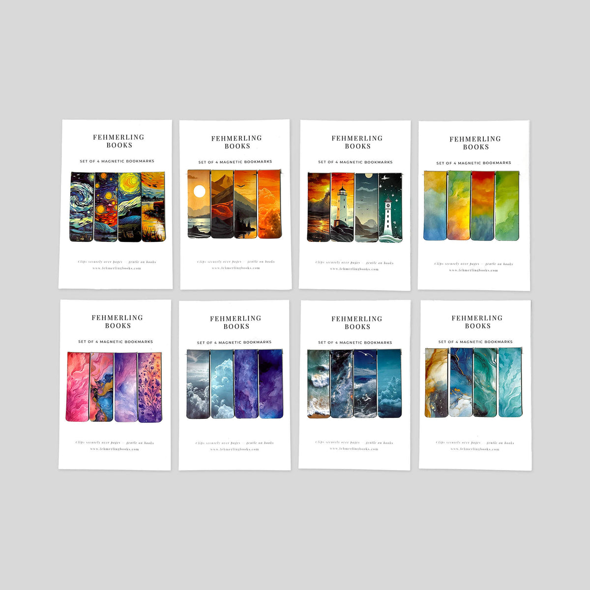 Fine Art and Scenery collection of 8 magnetic bookmark sets arranged in a clean grid by Fehmerling Books