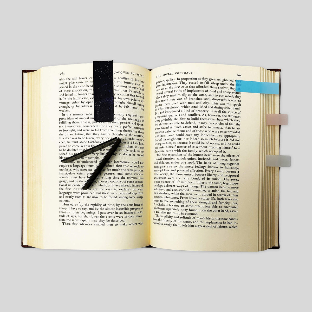 Flat lay of open classic book featuring magnetic bookmark and translucent annotation tabs by Fehmerling Books.