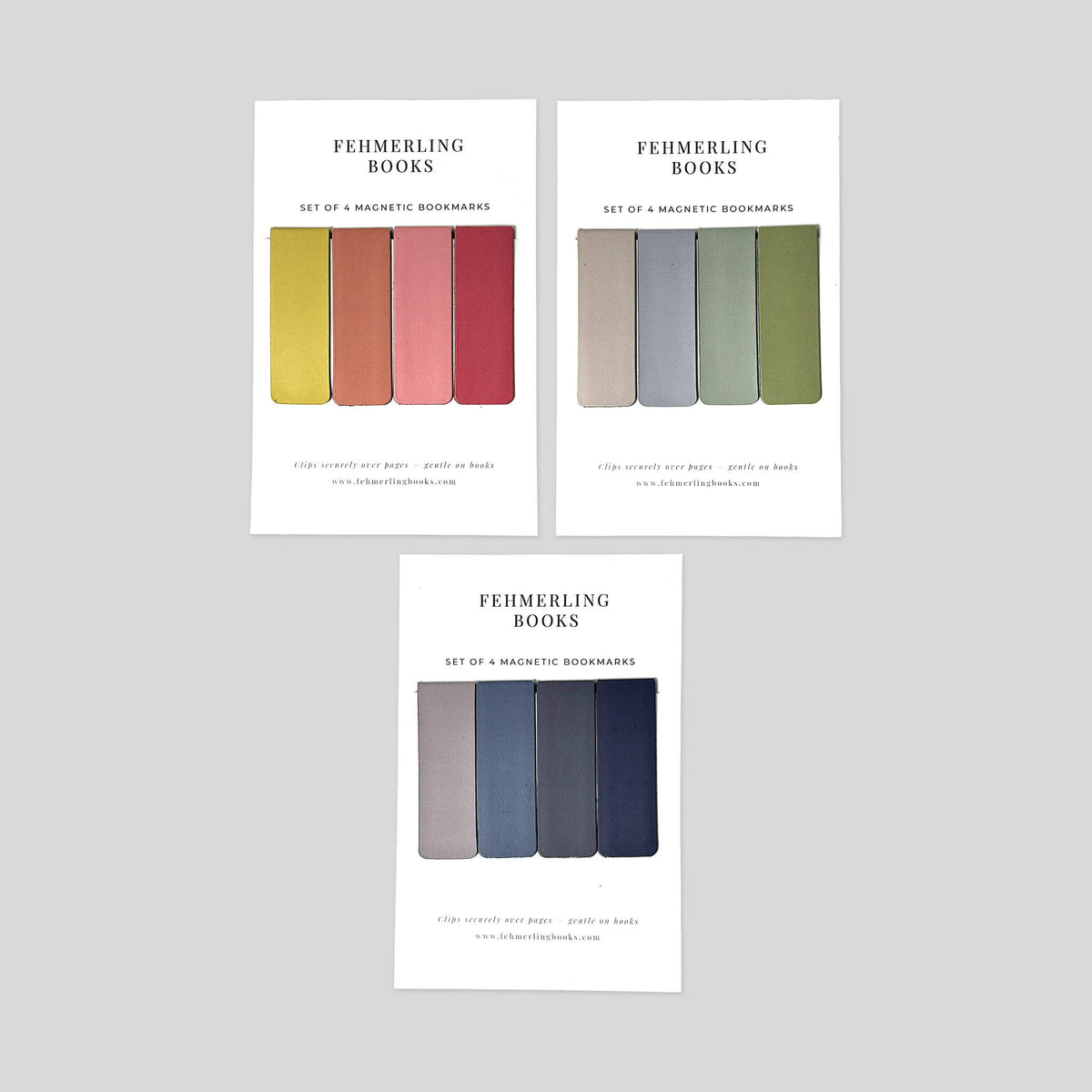 Minimalist Solids set of 4 magnetic bookmarks collection cover arranged on neutral background by Fehmerling Books.