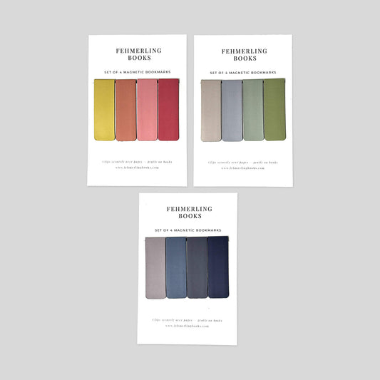 Minimalist Solids set of 4 magnetic bookmarks collection cover arranged on neutral background by Fehmerling Books.