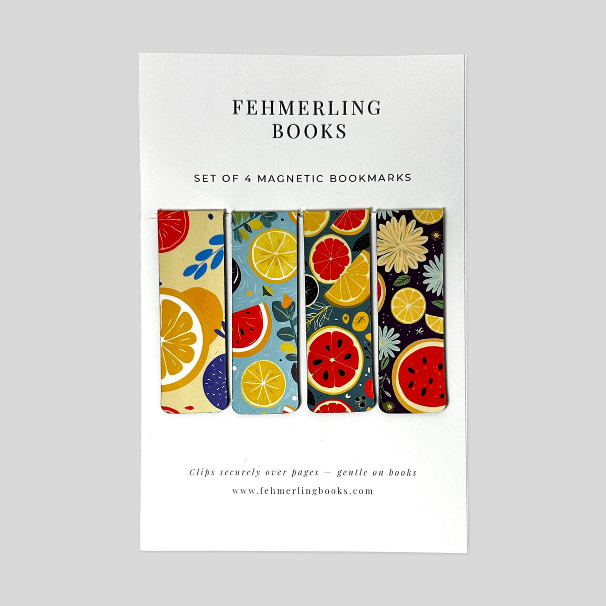 Citrus Orchard vibrant fruit pattern magnetic bookmarks set of 4 by Fehmerling Books.