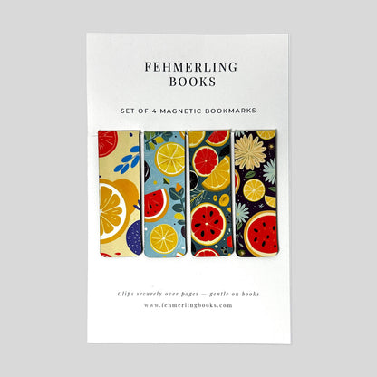 Citrus Orchard vibrant fruit pattern magnetic bookmarks set of 4 by Fehmerling Books.