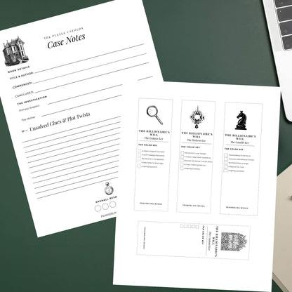 Angled flat lay of the old money mystery reading log and printable bookmark set resting on a dark green desk surface next to a laptop keyboard and open notebook.