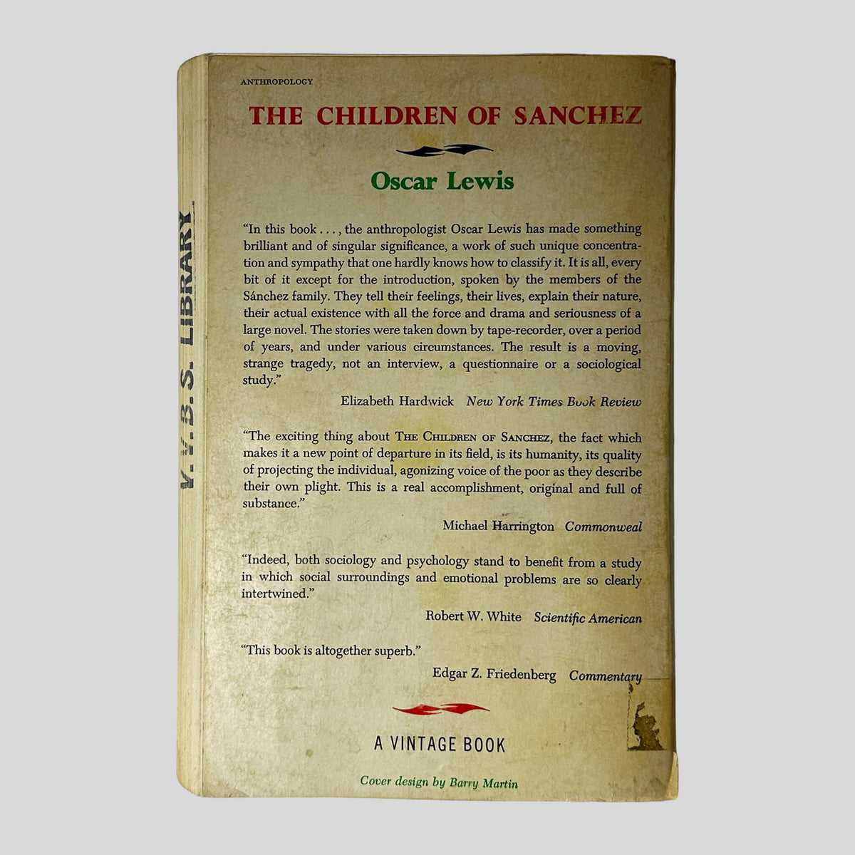 Back cover of The Children of Sanchez by Oscar Lewis showing back text summary and critical acclaim.