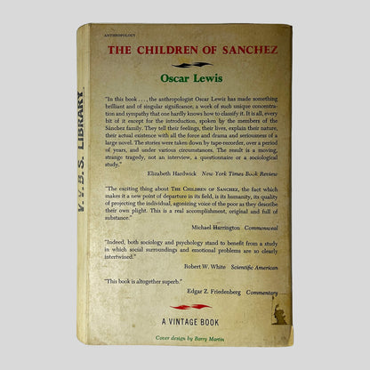 Back cover of The Children of Sanchez by Oscar Lewis showing back text summary and critical acclaim.