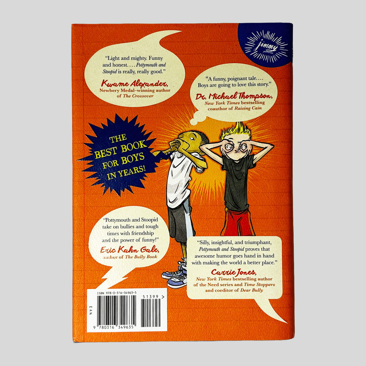 Back cover of Potty Mouth and Stoopid by James Patterson & Chris Grabenstein showing back cover summary and review quotes.