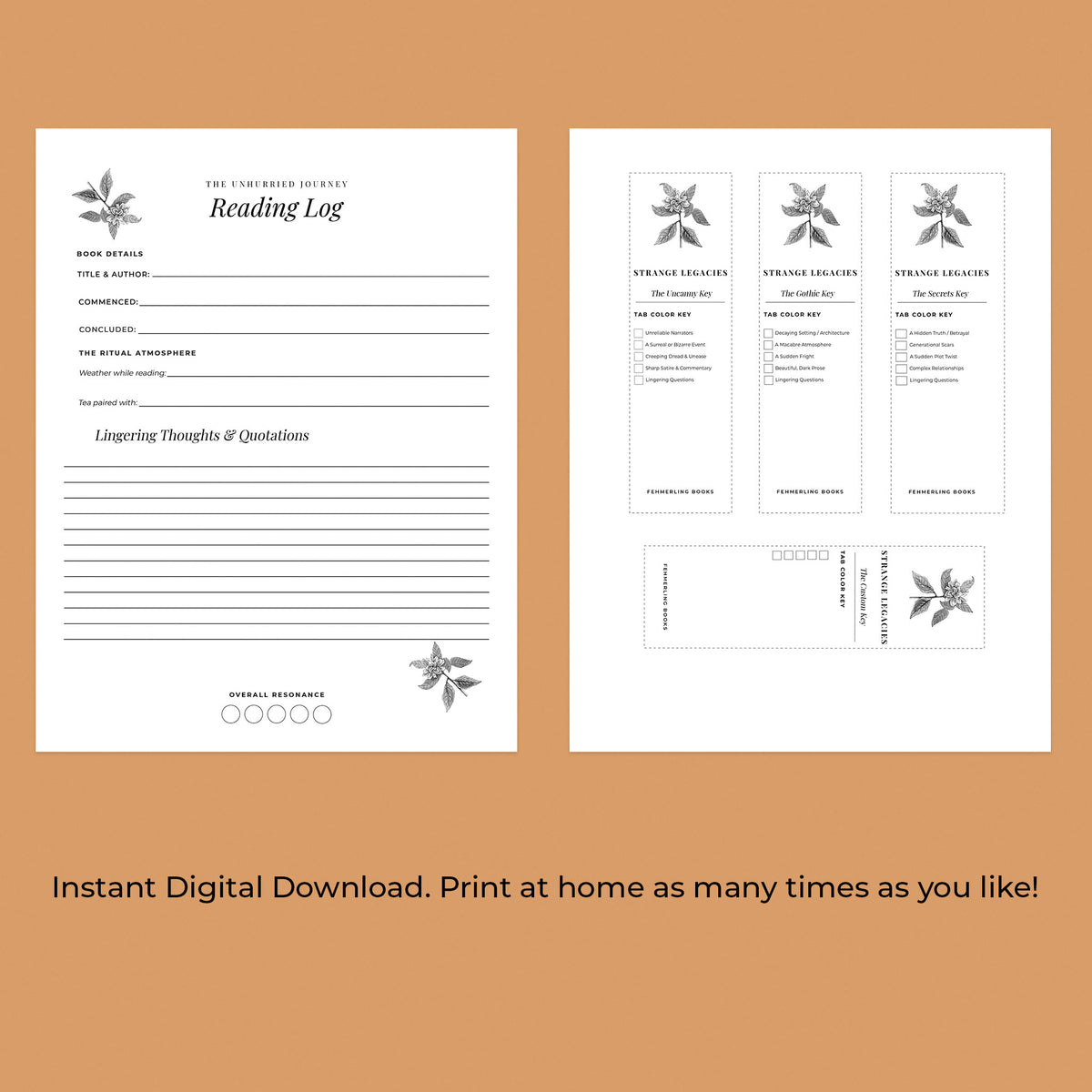 A digital product mockup showing a reading log template and matching bookmark cards on a warm tan background. The reading log has lined sections for title, author, comment, chapter summary, and inspiring thoughts, with decorative leaf illustrations.