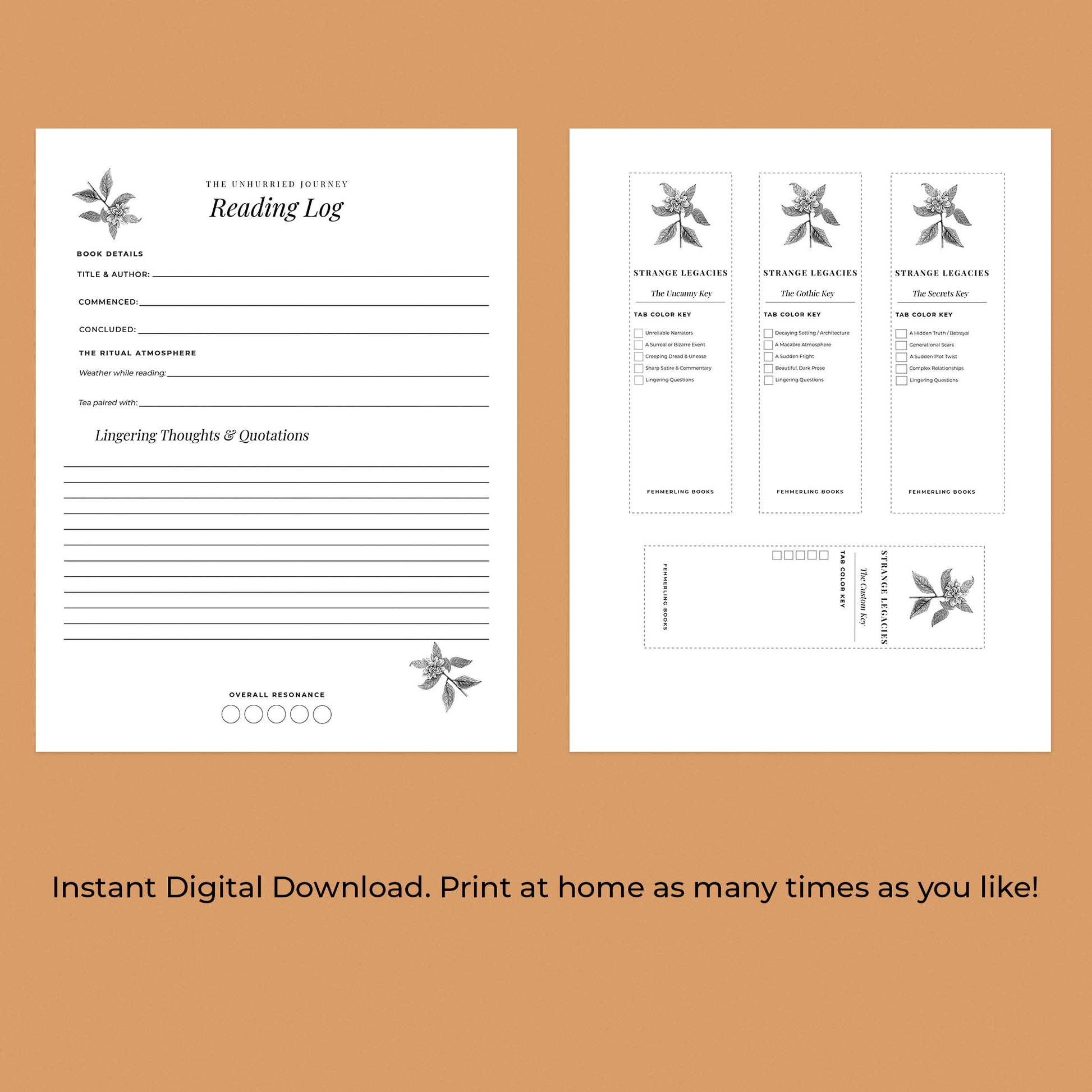 A digital product mockup showing a reading log template and matching bookmark cards on a warm tan background. The reading log has lined sections for title, author, comment, chapter summary, and inspiring thoughts, with decorative leaf illustrations.