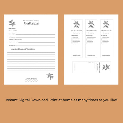 A digital product mockup showing a reading log template and matching bookmark cards on a warm tan background. The reading log has lined sections for title, author, comment, chapter summary, and inspiring thoughts, with decorative leaf illustrations.