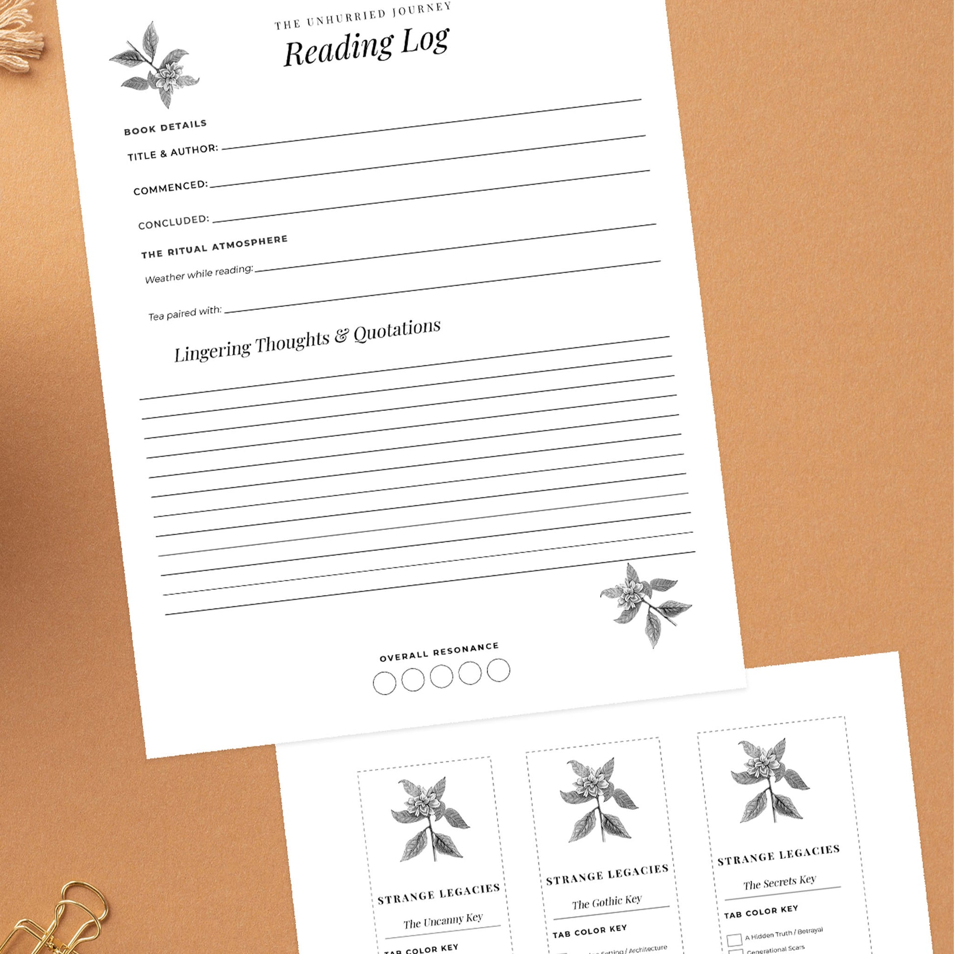 A styled flat-lay of a paper reading log pad and matching printable bookmarks on a tan textured background. The reading log page has fields for book details, title and author, commenced, concluded, the actual atmosphere, lingering thoughts and quotations, and overall resonance circles, decorated with gray botanical illustrations.