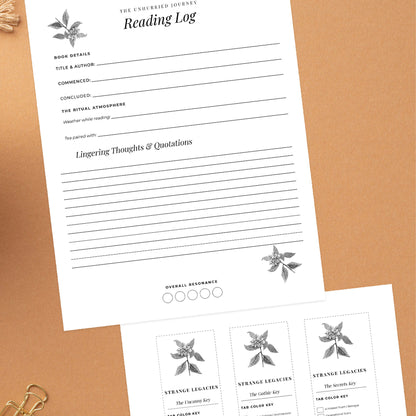 A styled flat-lay of a paper reading log pad and matching printable bookmarks on a tan textured background. The reading log page has fields for book details, title and author, commenced, concluded, the actual atmosphere, lingering thoughts and quotations, and overall resonance circles, decorated with gray botanical illustrations.
