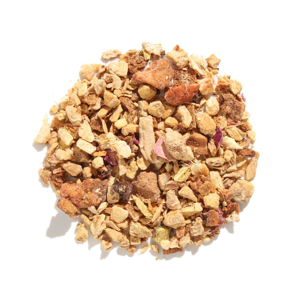Top-down view of Rejuvenation Lemon Ginger Herbal loose-leaf tea blend displaying coarse pieces of dried ginger, citrus peel, licorice root, and pink rose petals arranged on a white background.