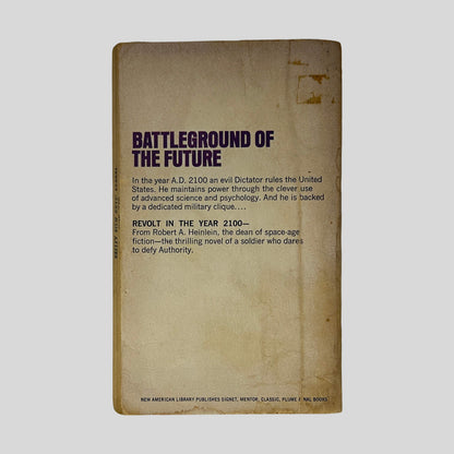 Back cover of Revolt In 2100 by Robert A. Heinlein showing back cover text summary and Future History series notes.