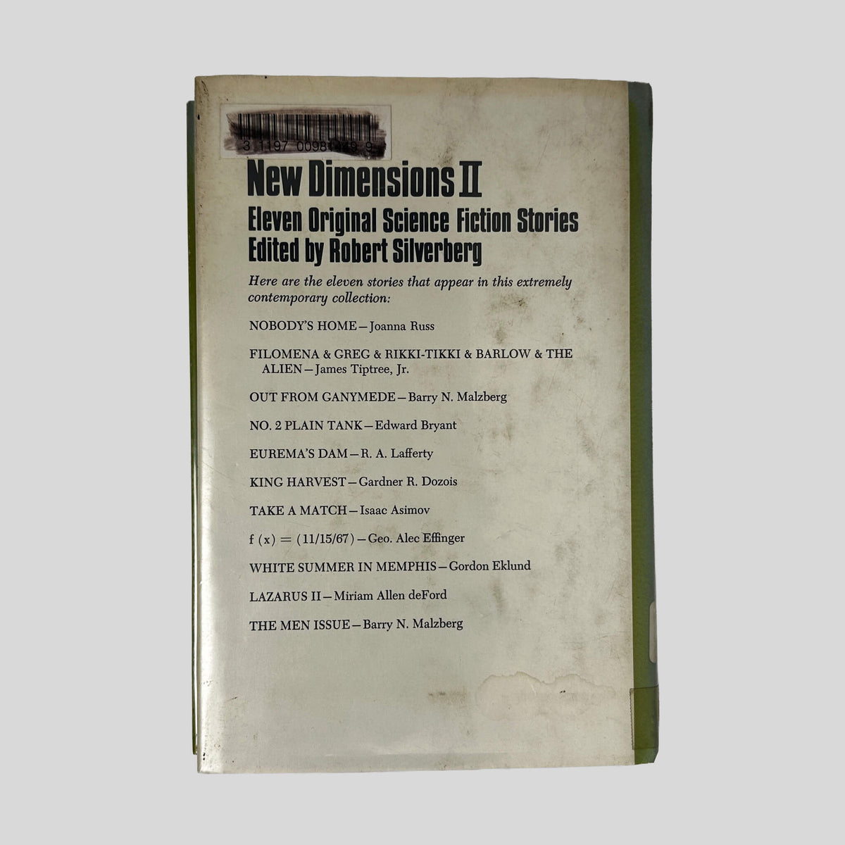 Back cover of New Dimensions II showing contributor list and story descriptions.