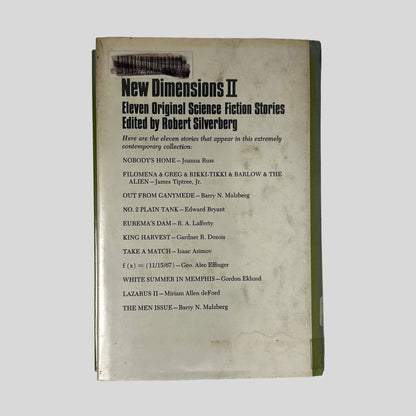 Back cover of New Dimensions II showing contributor list and story descriptions.