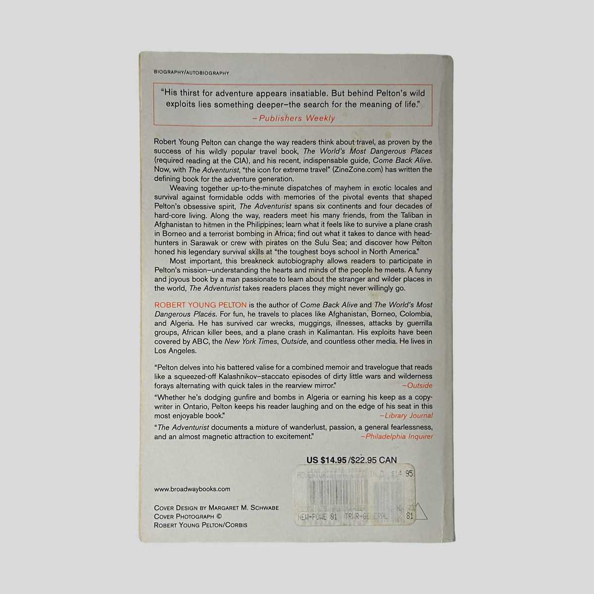 Back cover of The Adventurist by Robert Young Pelton showing back jacket summary and review blurbs.