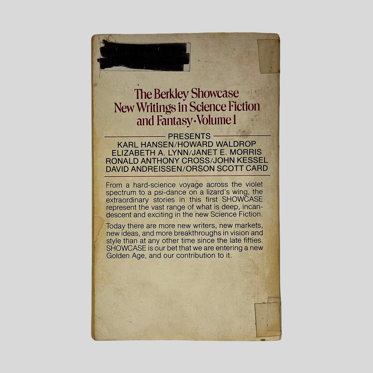 Back cover of The Berkley Showcase Volume 1 showing back cover text and contributor list.