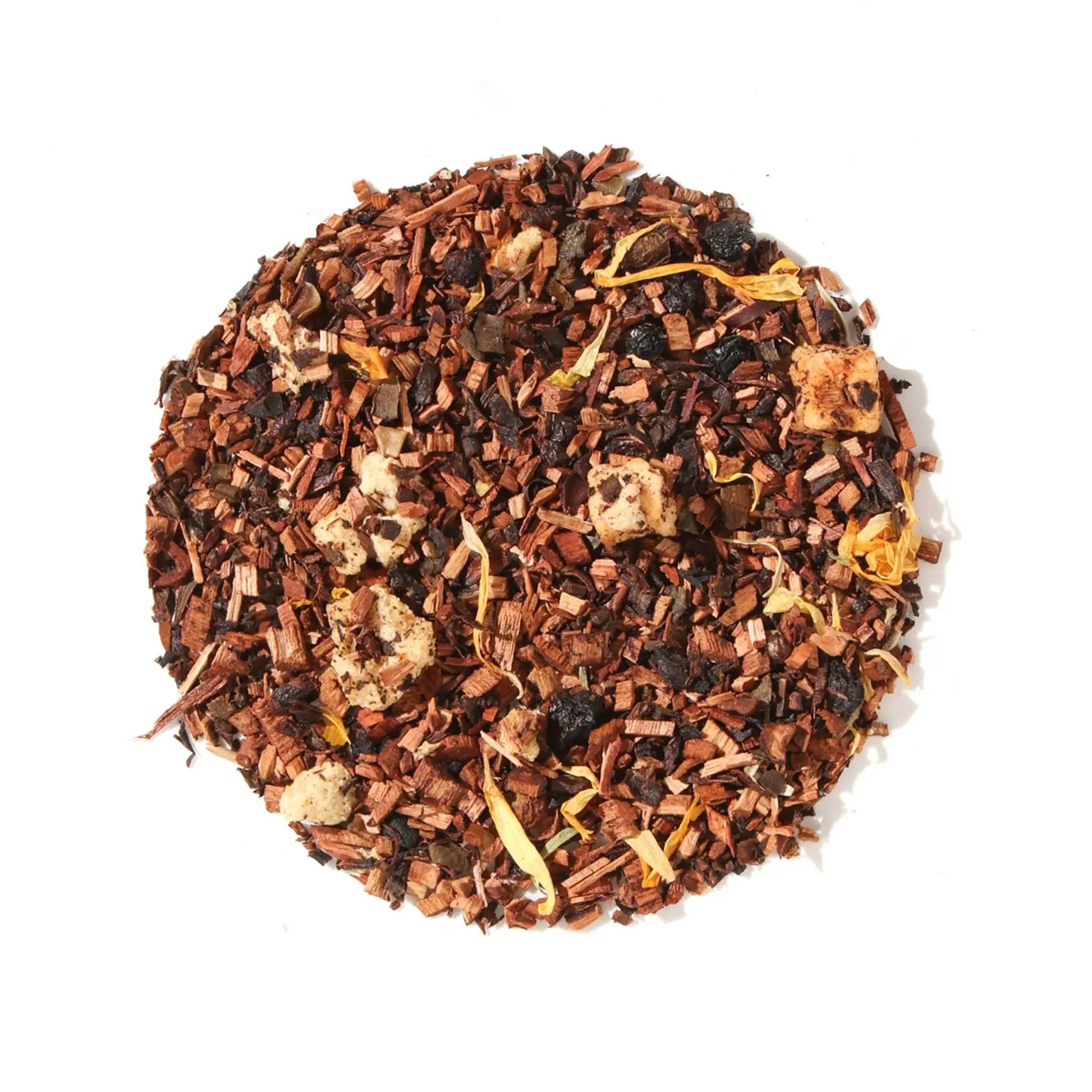 Loose leaf display of Plum Deluxe Self Care Apricot Elderberry Herbal Tea in a circle shape on a cream background.