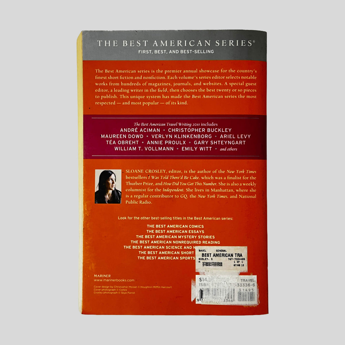 Back cover of The Best American Travel Writing 2011 edited by Sloane Crosley showing contributor list and summary text.