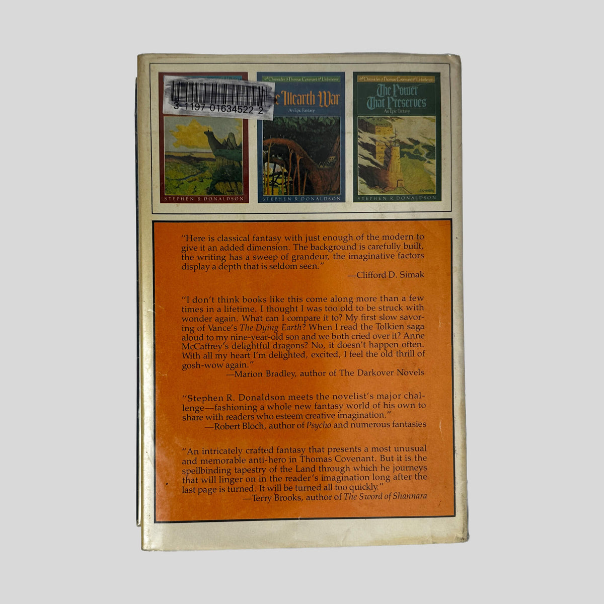 Back cover of The Illearth War by Stephen R. Donaldson showing back jacket blurb and series overview.