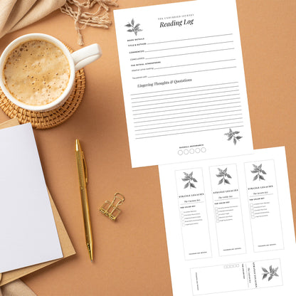 A styled flat-lay of a reading log stationery set on a warm tan background, featuring a white paper reading log, a matching bookmark sheet, a gold pen, a white mug of coffee, and a gold paperclip.