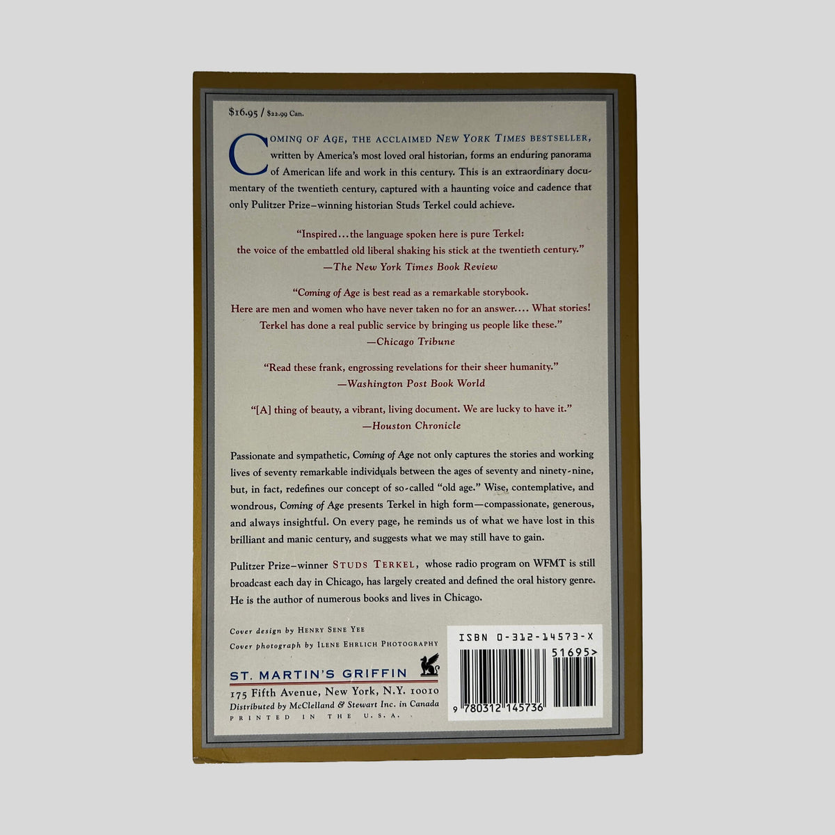 Back cover of Coming Of Age by Studs Terkel showing back cover summary and critical praise.