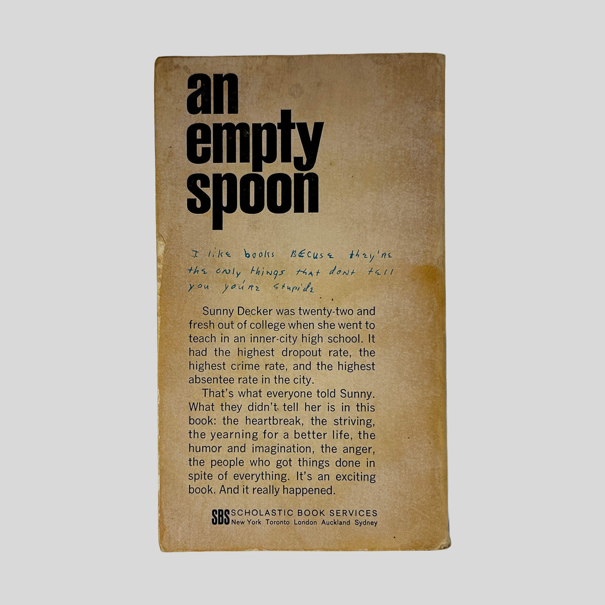 Back cover of An Empty Spoon by Sunny Decker showing back text summary and review quotes.