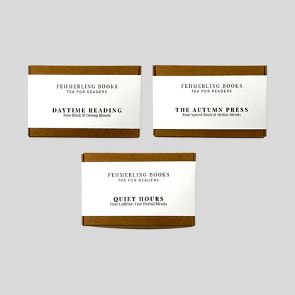 Three Fehmerling Books Tea for Readers kraft flight boxes with cream belly bands featuring The Autumn Press, Daytime Reading, and Quiet Hours.