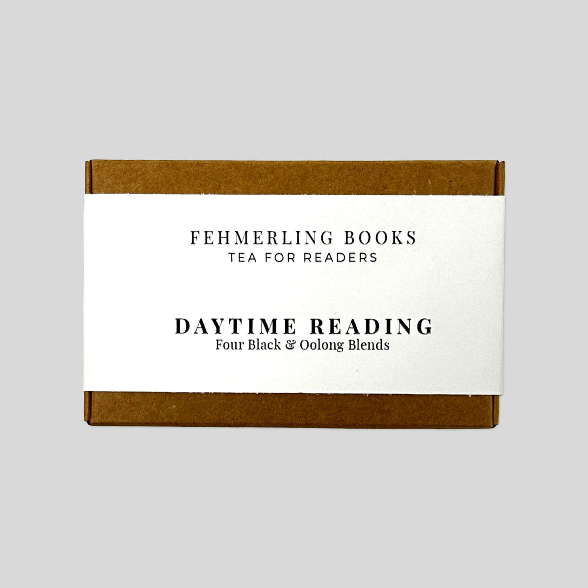 Daytime Reading tea flight box by Fehmerling Books featuring four black and oolong loose-leaf tea blends.