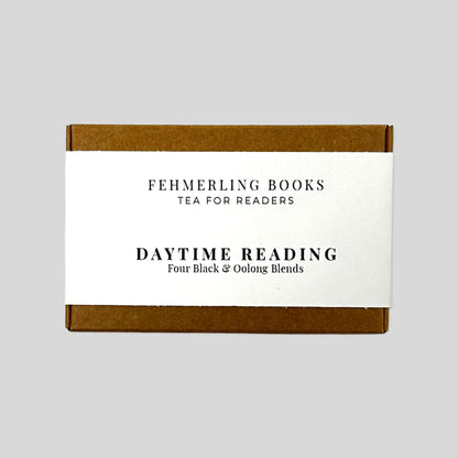 Daytime Reading tea flight box by Fehmerling Books featuring four black and oolong loose-leaf tea blends.
