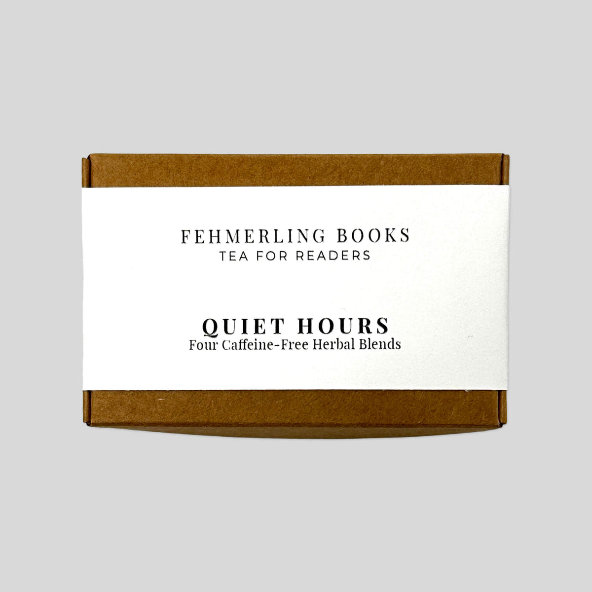 Quiet Hours tea flight box by Fehmerling Books featuring four caffeine-free herbal loose-leaf tea blends.
