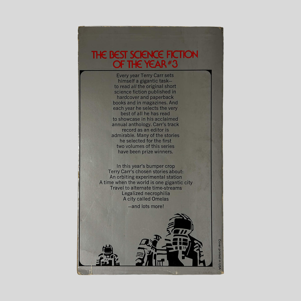 Back cover of The Best Science Fiction Of The Year #3 showing story list and author entries.